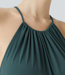 NWT Halara Adjustable Halter Tie Pocket Hem Flowy Maxi Dress Verdiris XL