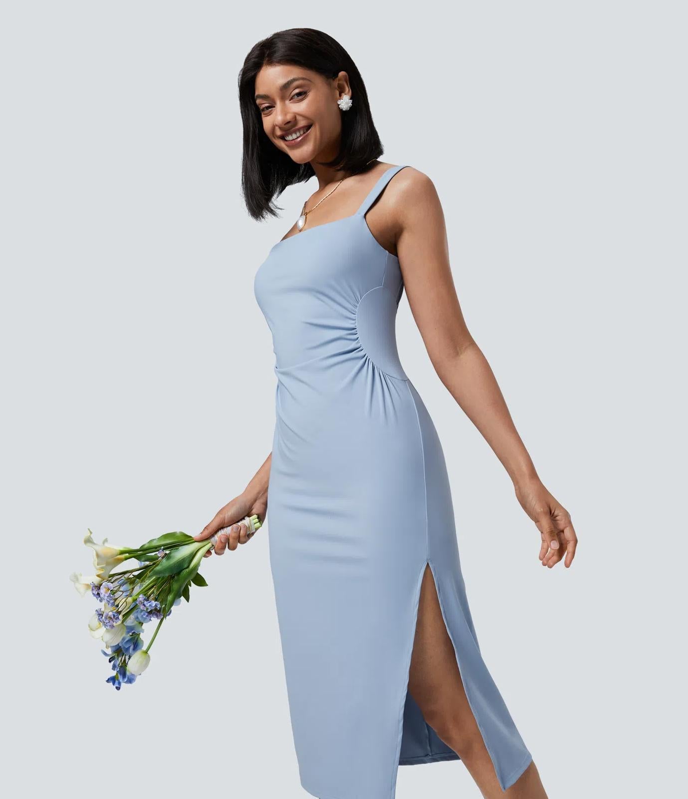 NWT Halara SoftlyZero Airy Ruched Midi Cool Touch Dress-UPF50+ Chambray Blue M