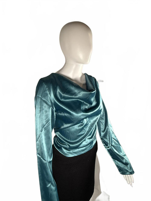 Lulus Lovely Outing Teal Green Satin Cowl Neck Backless Tie-Back Top Size S