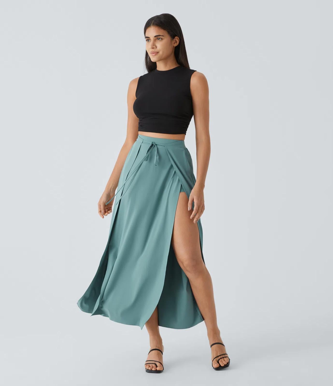 NWT Halara Breezeful High Waisted Tie Front Flowy 2-in-1 Maxi Casual Skirt L