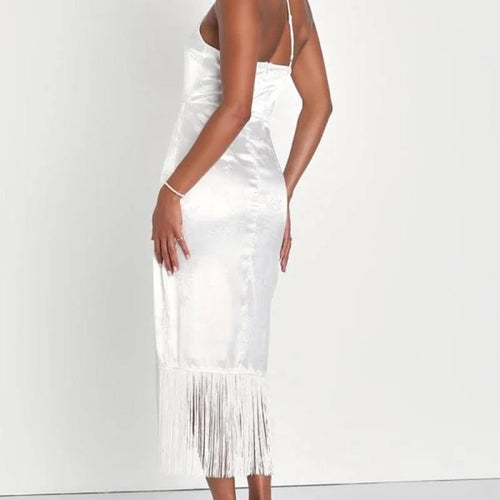 NWT Lulus White Midi Dress with Fringe Size XS