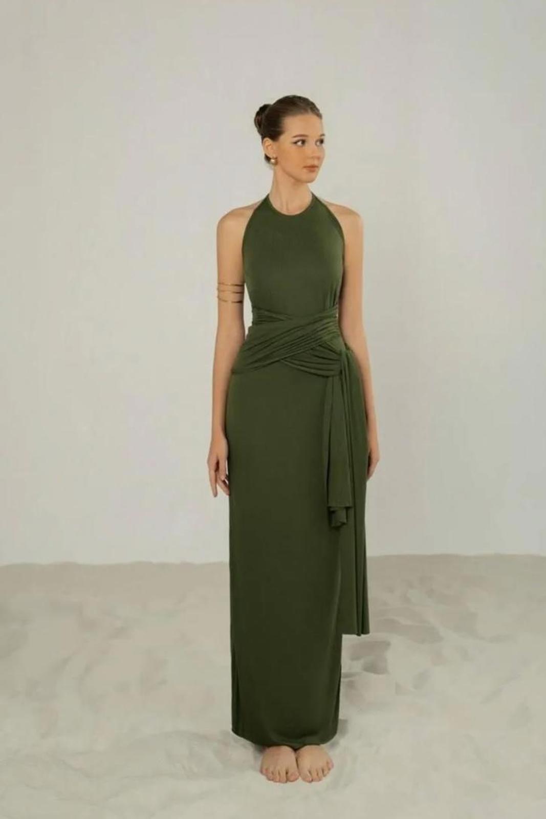 Atelier Olive Green Maxi Dress with Tie Detail Size M