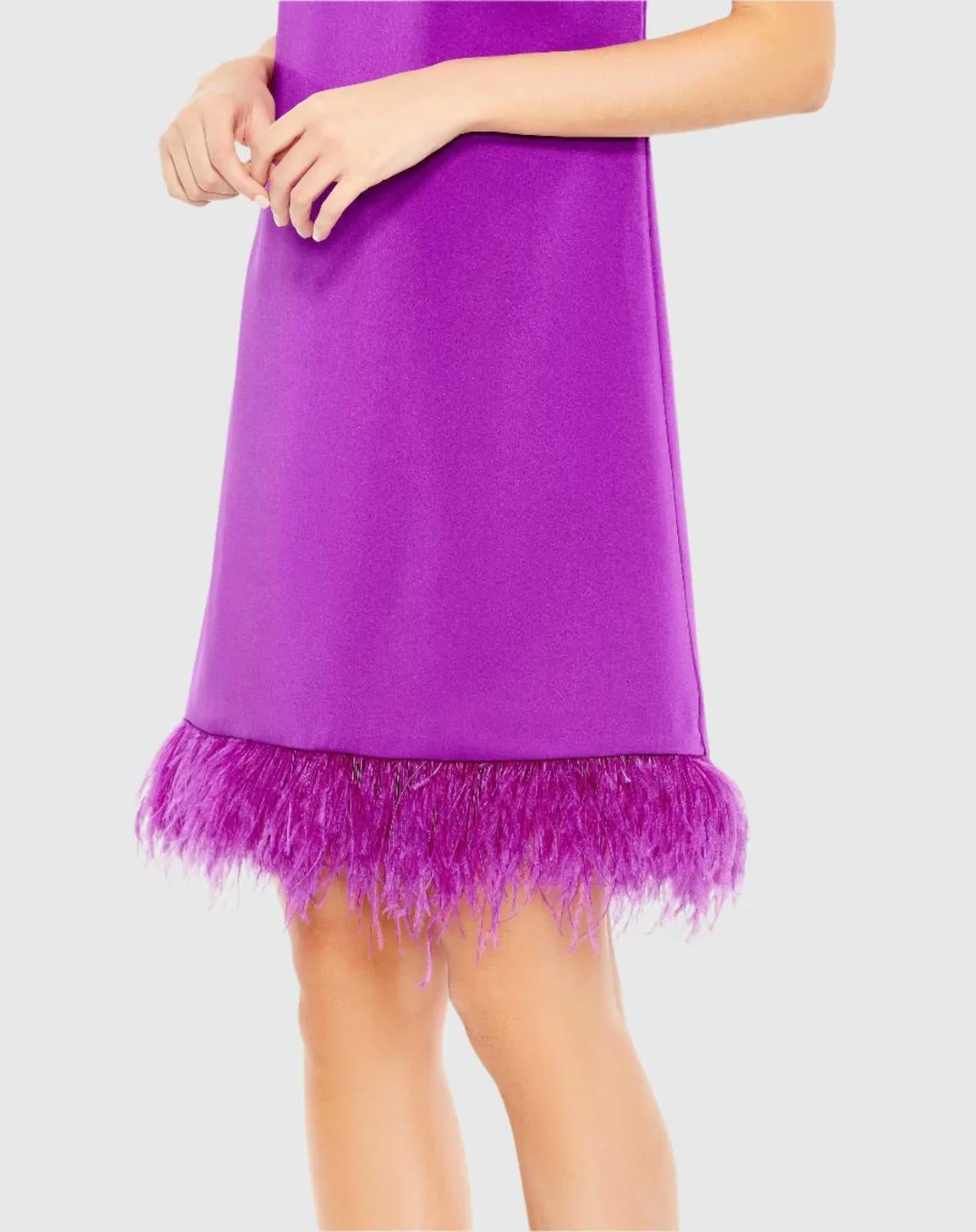 NWT Mac Duggal 55805 Purple Feathered Hem High Neck Sleeveless Trapeze Dress - 4