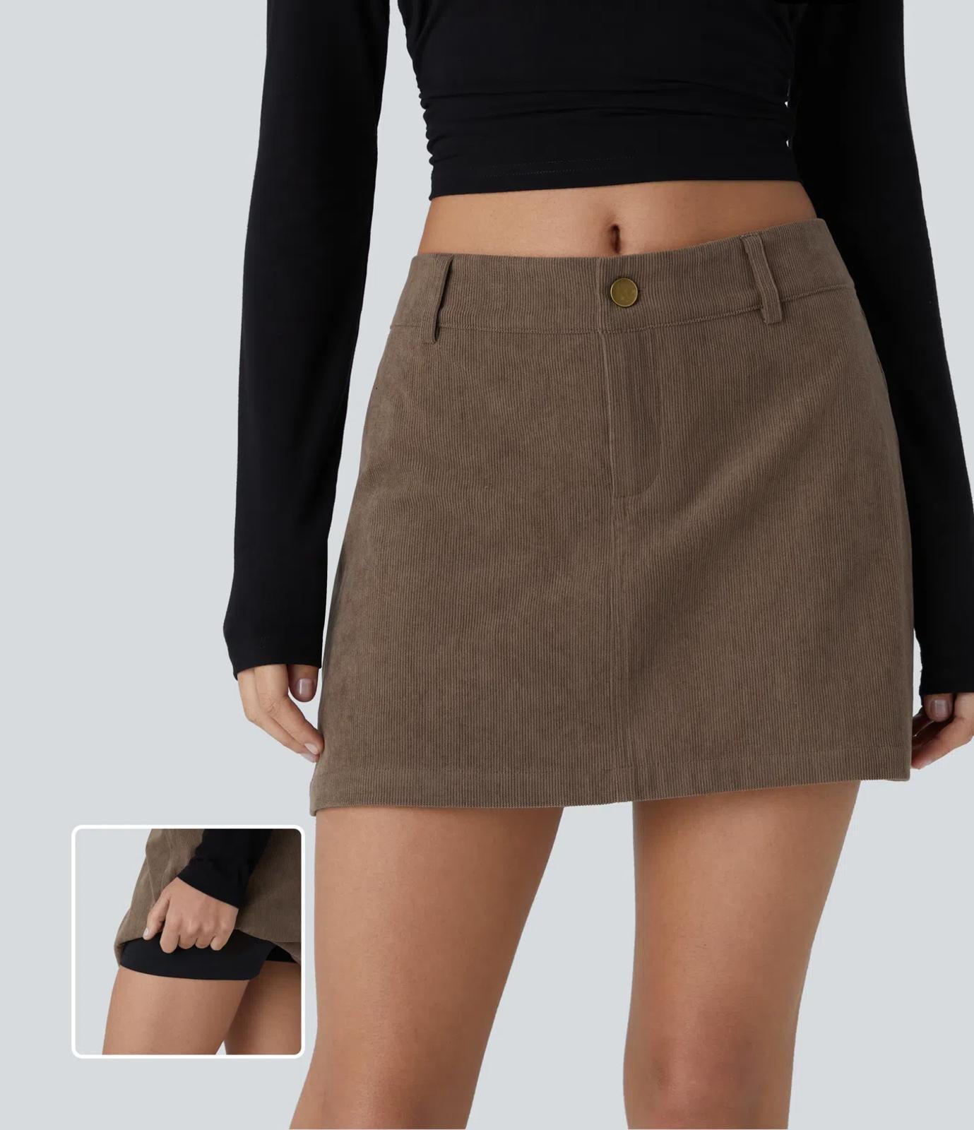 NWT Halara Mid Low Rise 2-in-1 A Line Mini Casual Corduroy Skirt Camelia Brown L