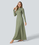 NWT Halara Funnel Neck Long Sleeve Flare Maxi Casual Dress Darl GRAY Floral S