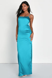 NWT Lulus Easy Radiance Teal Satin Slip Maxi Dress Size XS