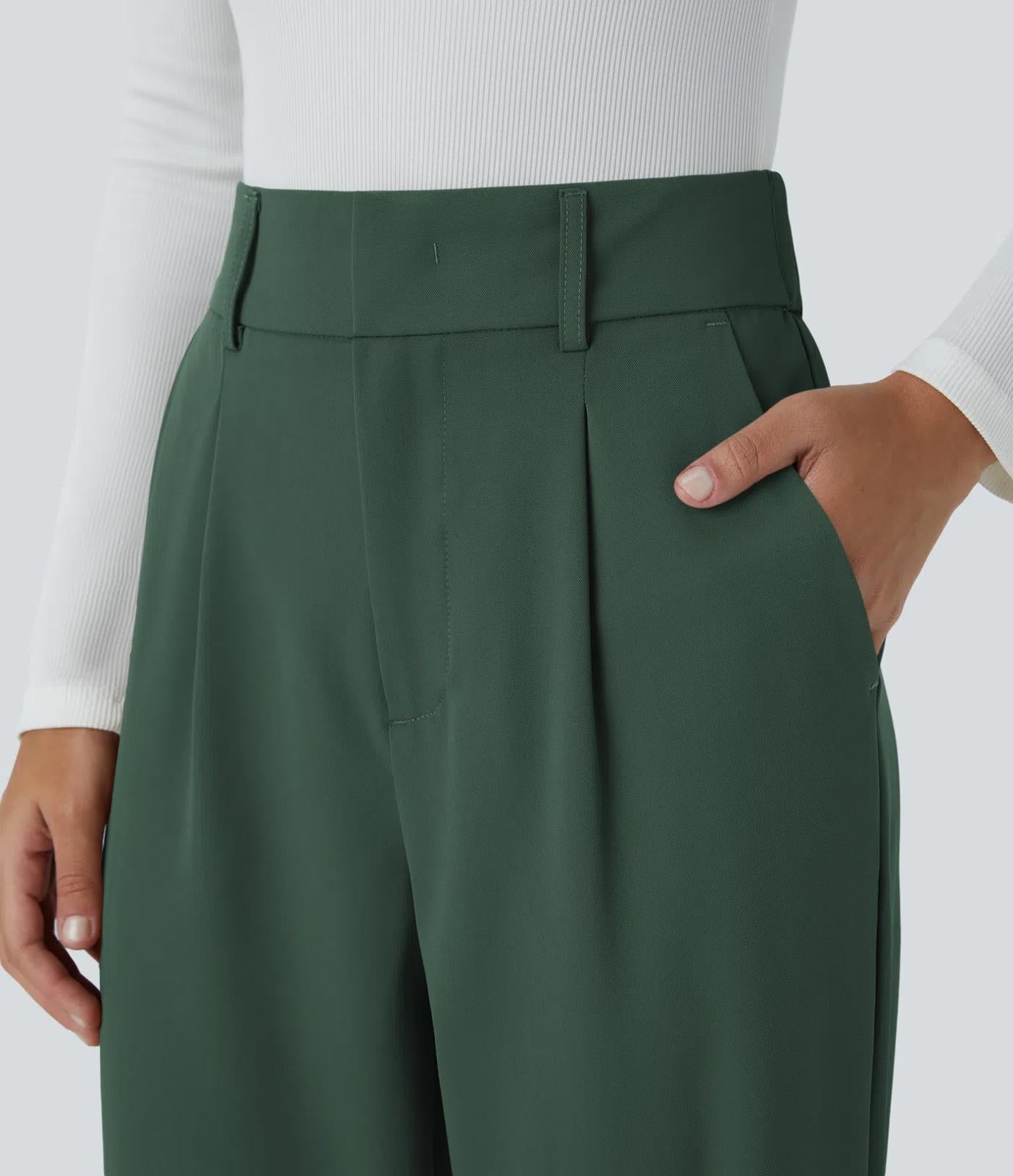NWT Halara High Waisted Pocket Solid Work Tapered Pants Dark Green L