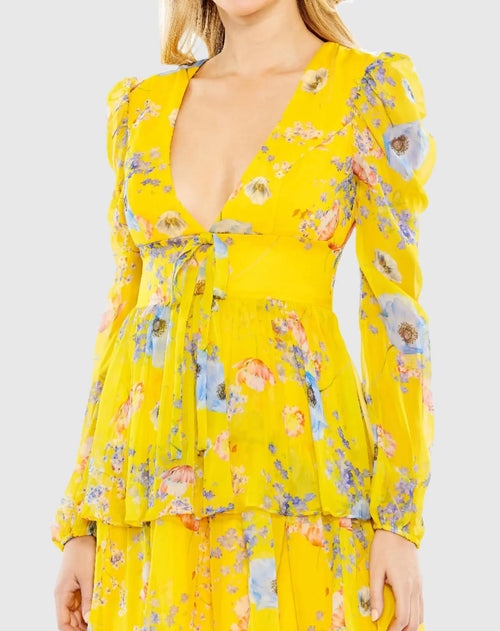 NWT Mac Duggal Yellow Floral Print Puff Sleeve Ruffled Mini Dress Size 2