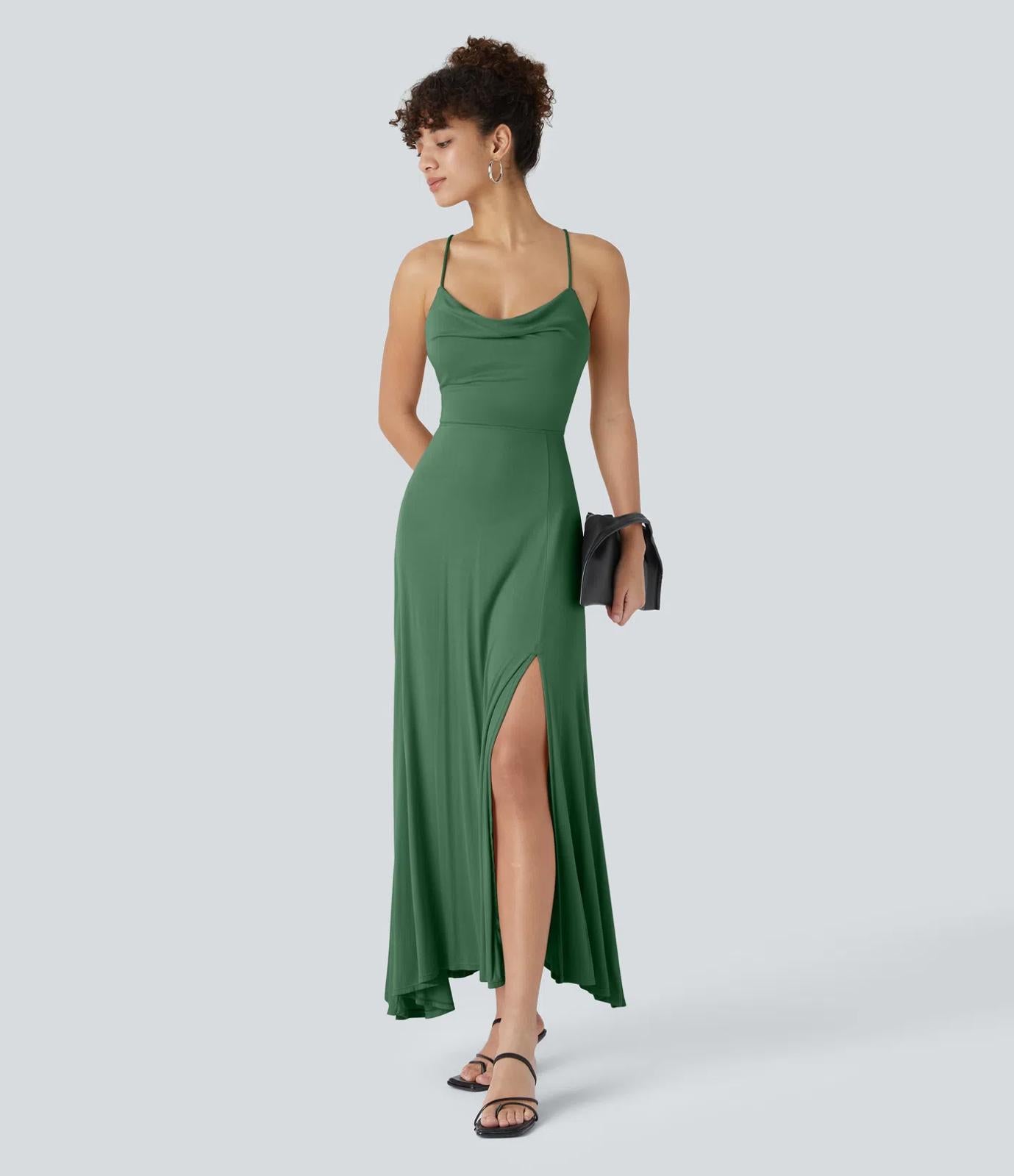 NWT Halara Ribbed Cowl Neck Lace Up Midi Dress Green Size Large