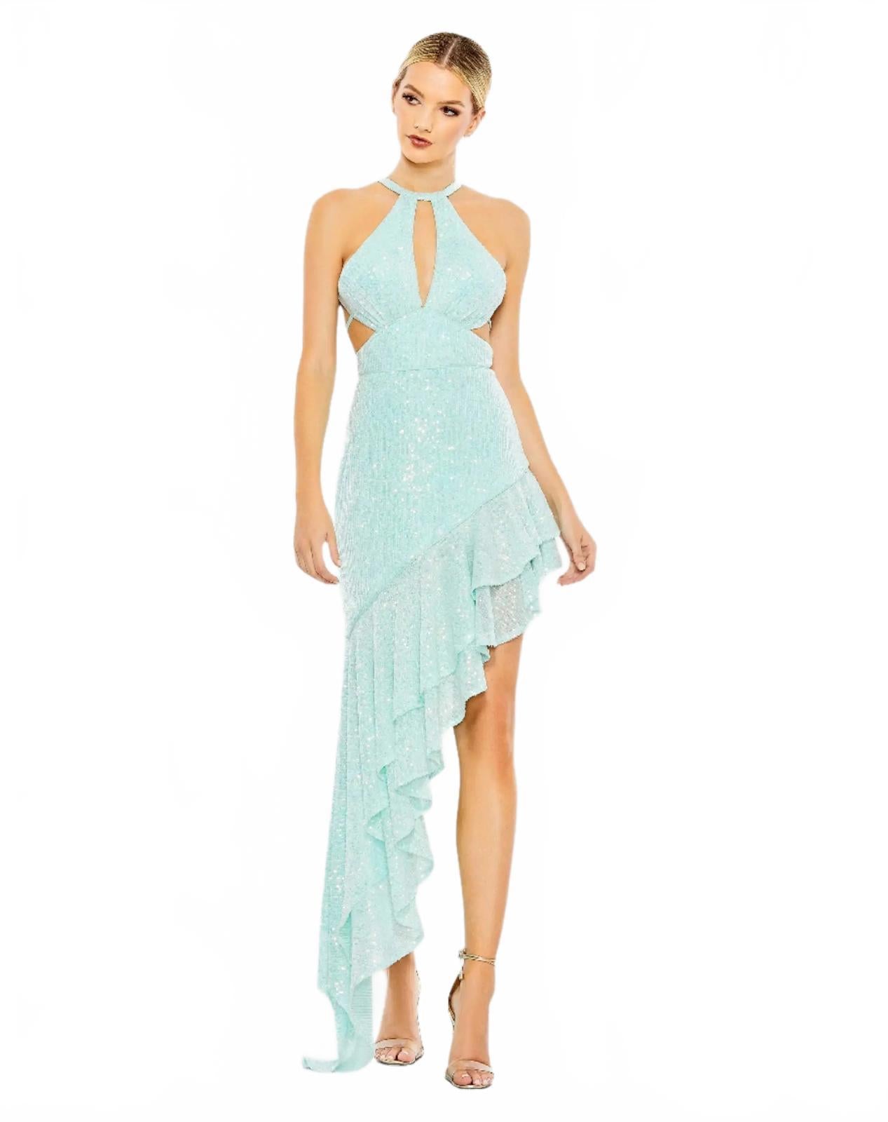 MAC DUGGAL Sequined Halter Cut Out Ruffle Asymmetrical Dress Size 8