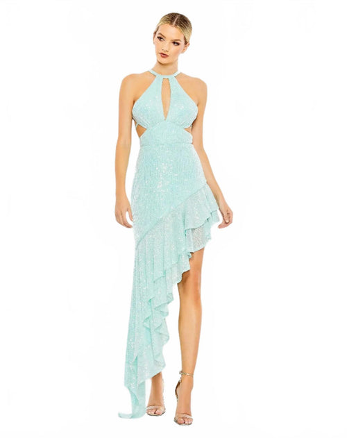 MAC DUGGAL Sequined Halter Cut Out Ruffle Asymmetrical Dress Size 2