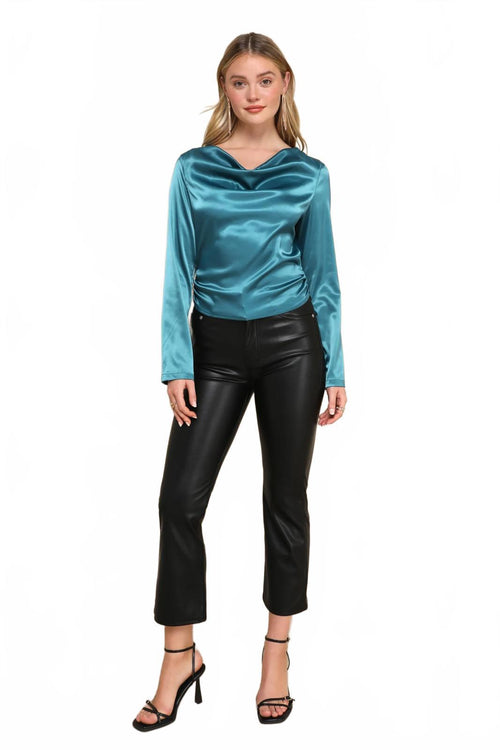 NWT Lulus Lovely Outing Teal Green Satin Cowl Neck Backless Tie-Back Top Size S