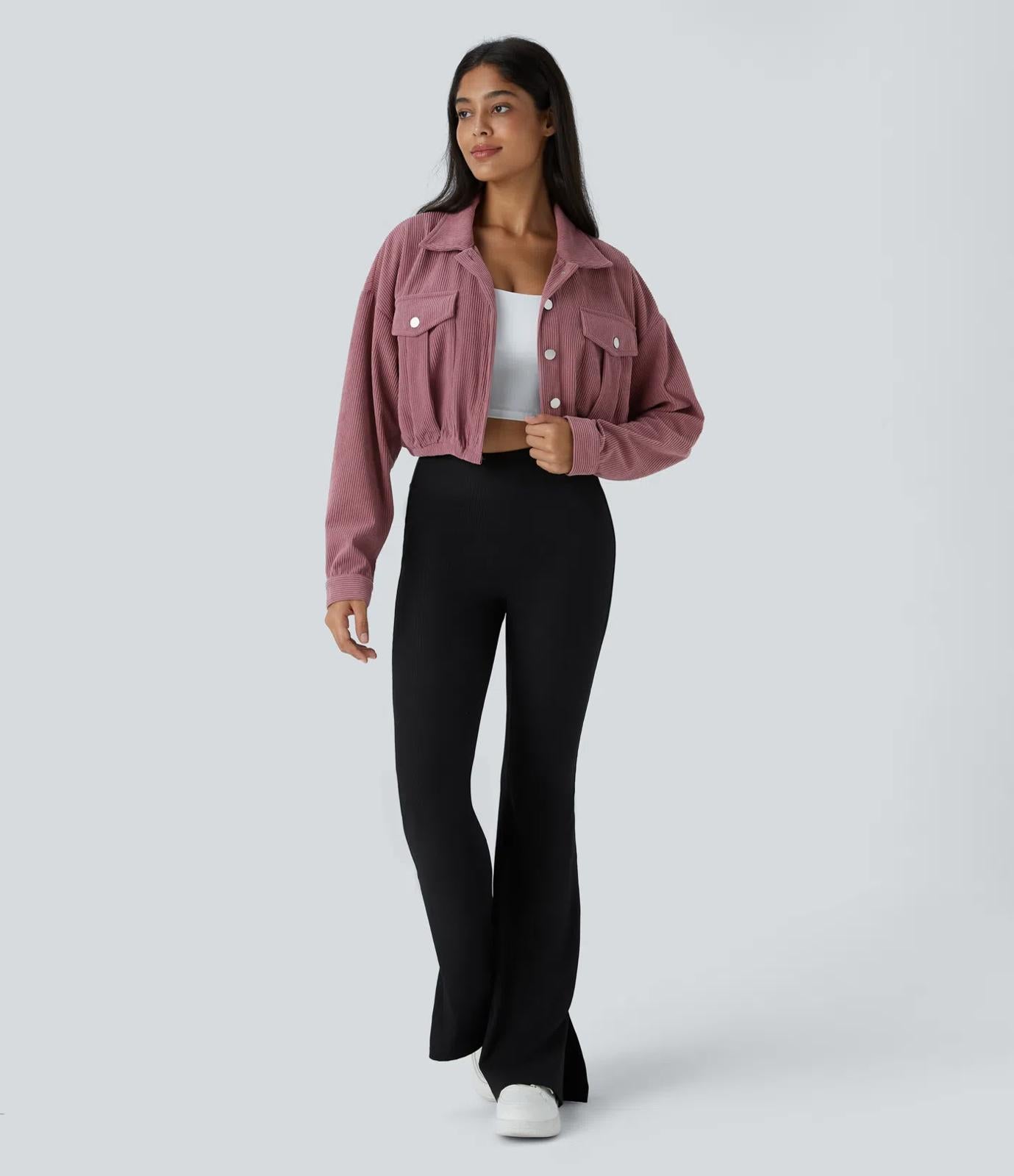 NWT Halara Pocket Cropped Corduroy Casual Jacket Mauvewood Large