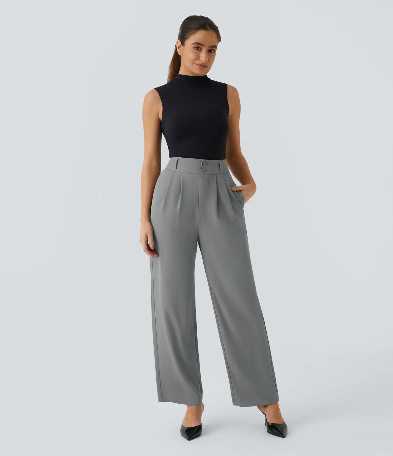 NWT Halara High Waisted Pocket Shirred Straight Leg Work Pant Gray Size M Petite