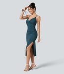 NWT Halara SoftlyZero Airy Crossover Ruched Lace Up Bodycon Dress Ink Green XS