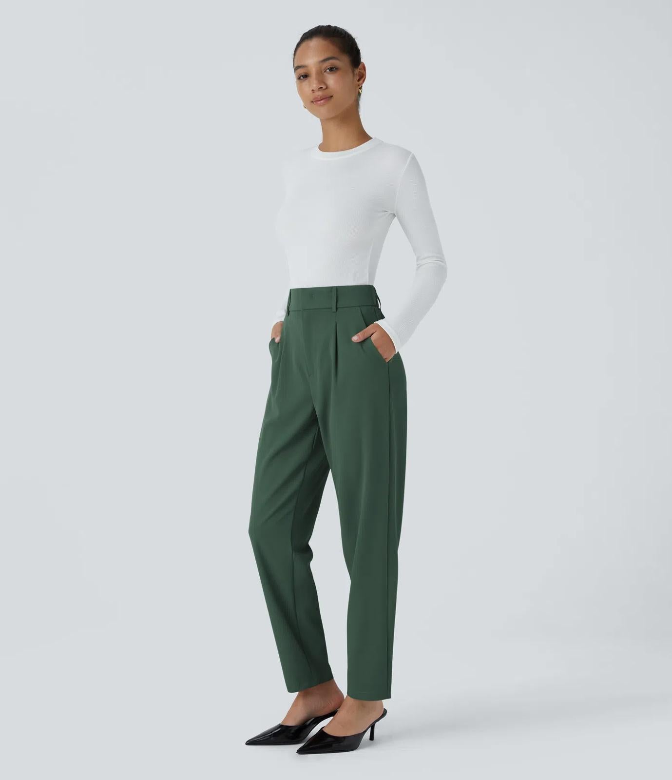 NWT Halara High Waisted Pocket Solid Work Tapered Pants Dark Green L