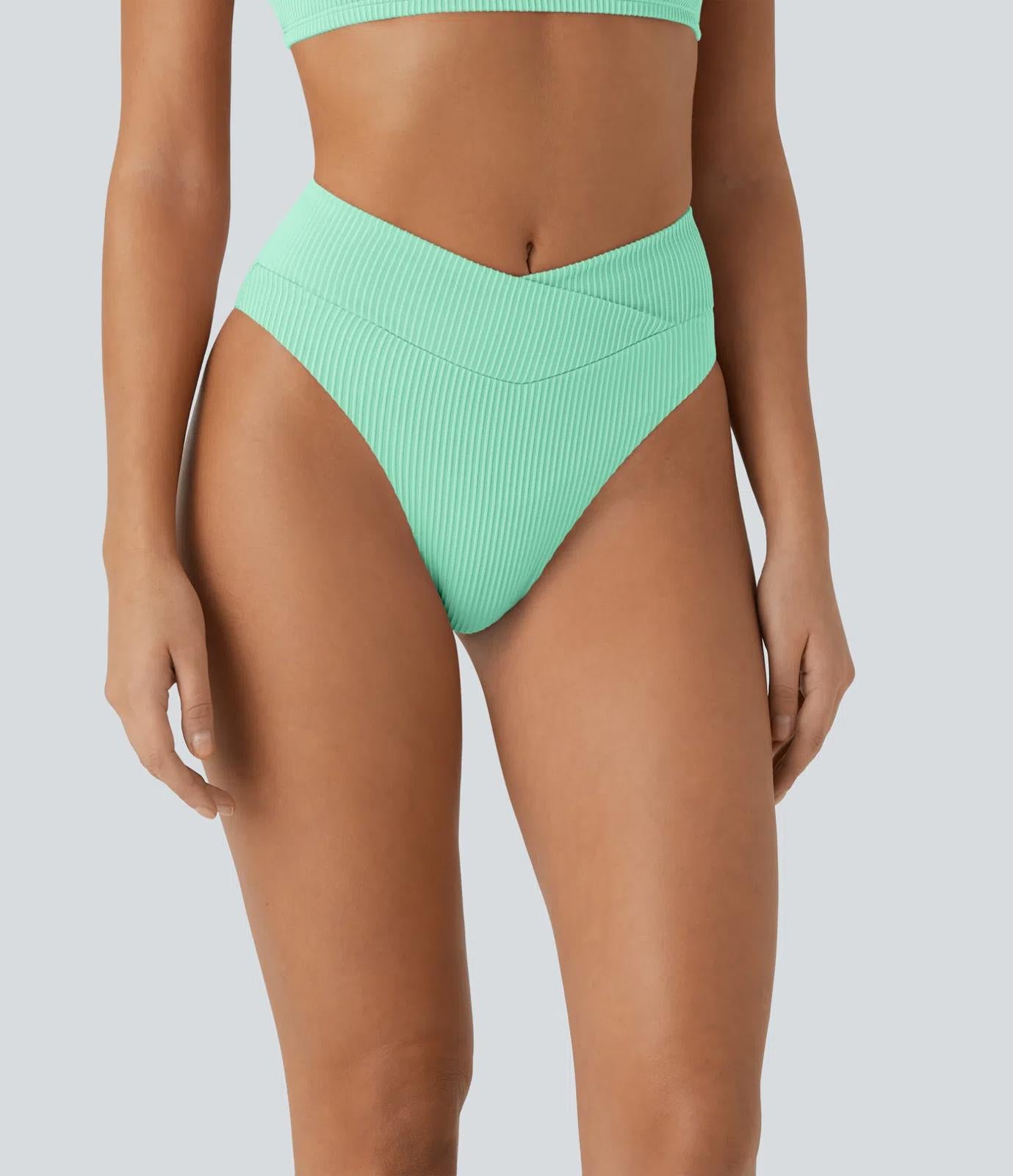 NWT Halara Ribbed Crossover Bikini Bottom Swimsuit Sunshine Green S