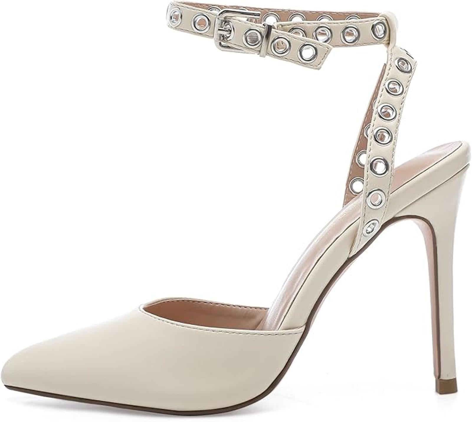 YETIER Women's Pointed Toe Rivet Heels Adjustable Ankle Strap Size 9. NWT. Beige
