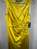 NWT Mac Duggal Apparel Green Satin Ruched V-Neck Faux Wrap Midi Dress Size 4