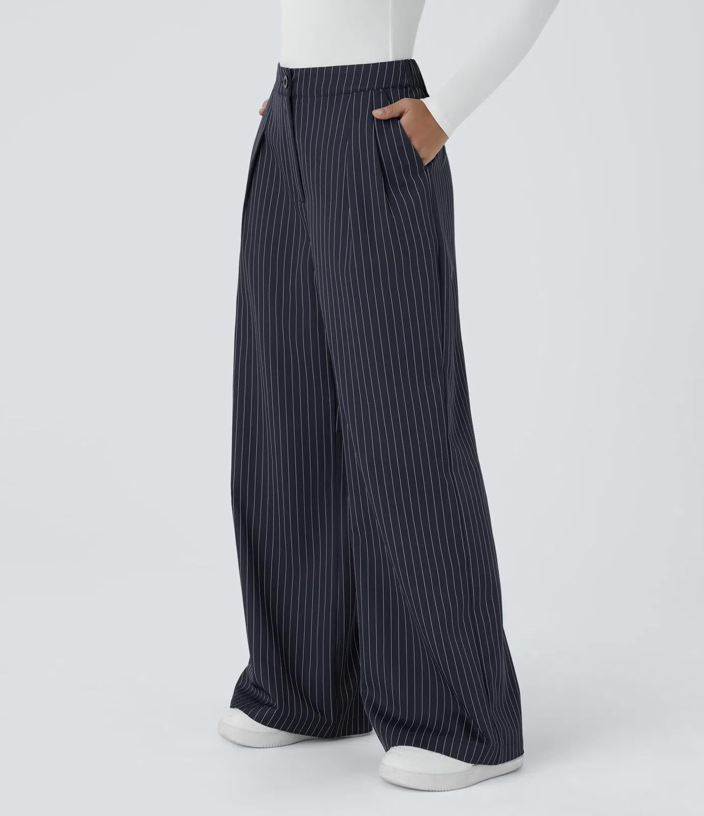 NWT Halara High Waist Zipper Pocket Wide Leg Striped Work Pant After Midnight M