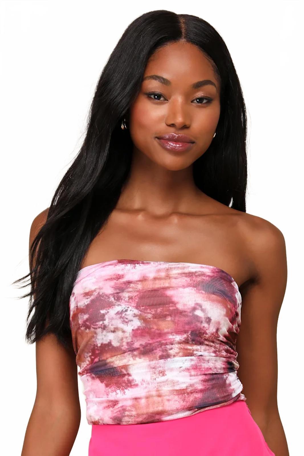 Lulus Flirty Focus Pink Multi Abstract Print Mesh Strapless Crop Top - XL NWT