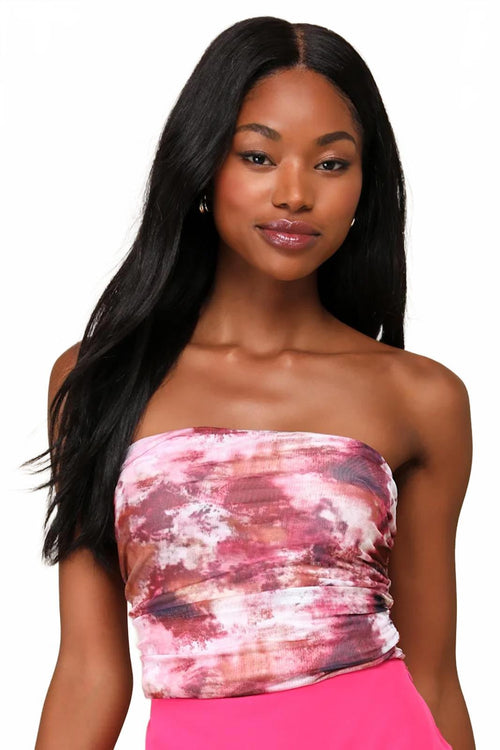 Lulus Flirty Focus Pink Multi Abstract Print Mesh Strapless Crop Top - XL NWT