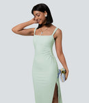 NWT Halara SoftlyZero Ruched Midi Cool Touch Dress-UPF50+ Fairest Jade XS