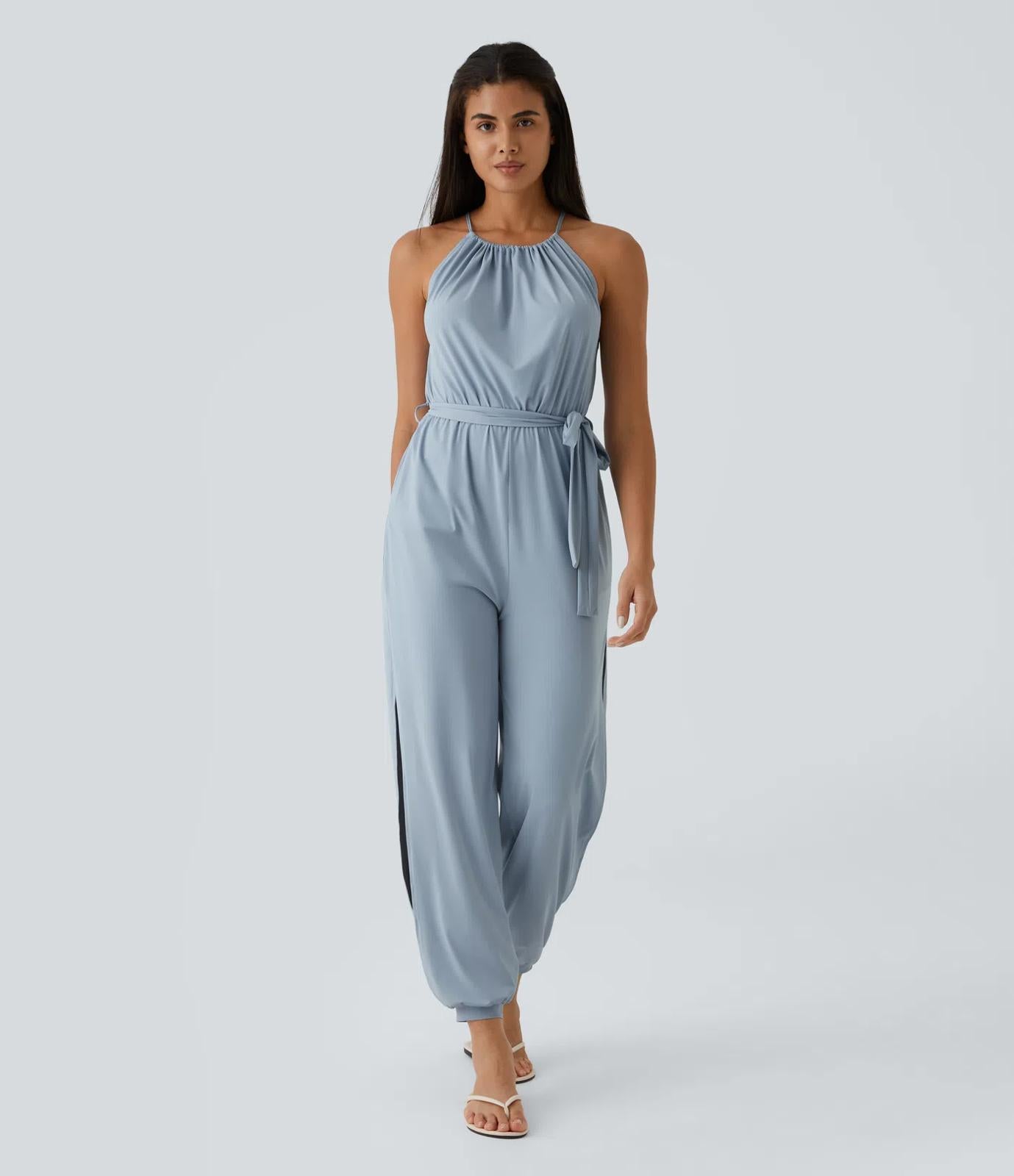 NWT Halara Sleeveless Tie Back Belted Pocket Cool Touch Jumpsuit-UPF50+ Size XS