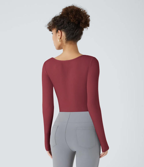 NWT Halara Ribbed Knit Square Neck Long Sleeve Skinny Bodysuit Ruby Wine L