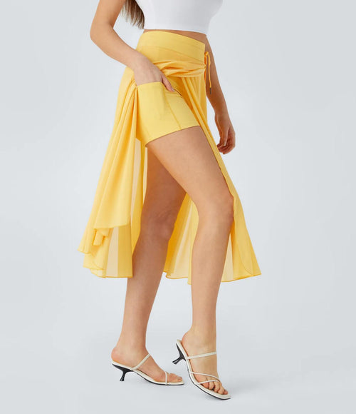 NWT Halara High Waisted Drawstring 2-in-1 Pocket Flowy Midi Skirt Popcorn S