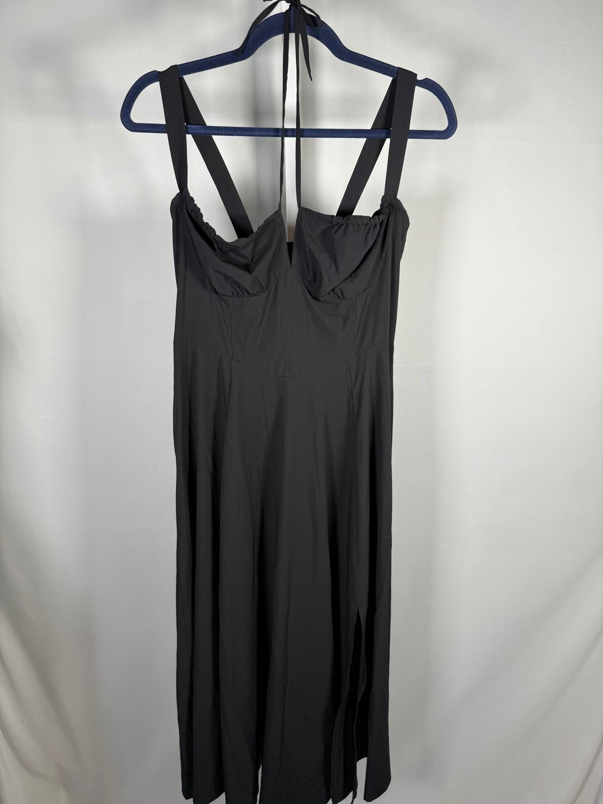 NWT Halara Square Neck Drawstring Tie Front Flounce Long Sleeve Dress Black S