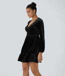 NWT Halara Deep V Neck Long Sleeve Ruffled Hem Velvet Mini Chill Dress Black L