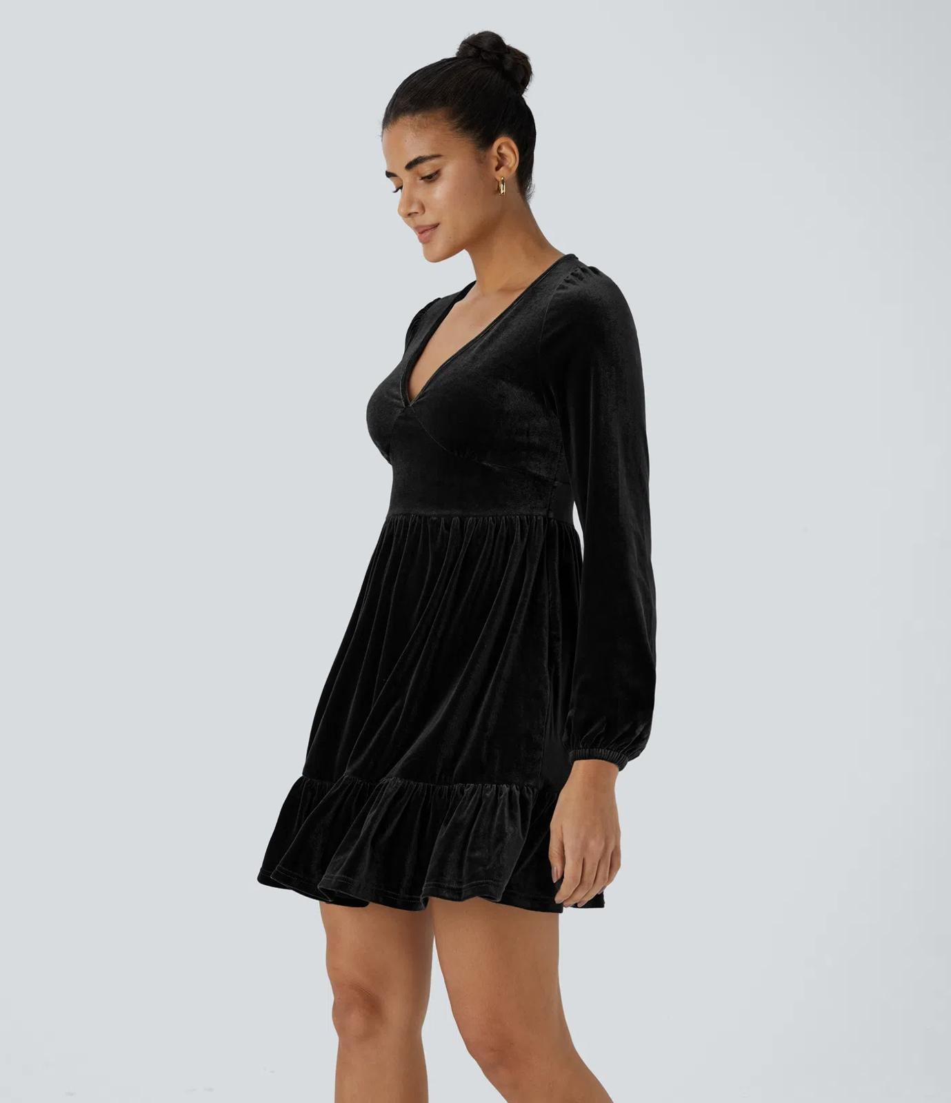 NWT Halara Deep V Neck Long Sleeve Ruffled Hem Velvet Mini Chill Dress Black L
