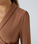 NWT Halara Shawl Collar Wrapped Tie Side Ruffle Hem Work Blouse Rust Red - Large