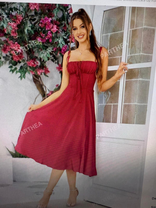 Pathea Elegant Red Midi Dress with Adjustable Straps and Lace-up Back, Size M