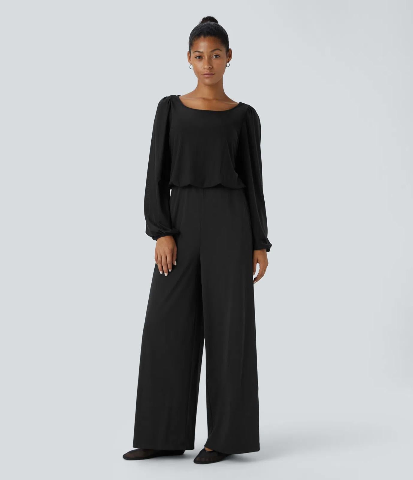 NWT Halara SoftlyZero Long Sleeve Keyhole Back 2-in-1 Pocket Wide Leg Jumpsuit S