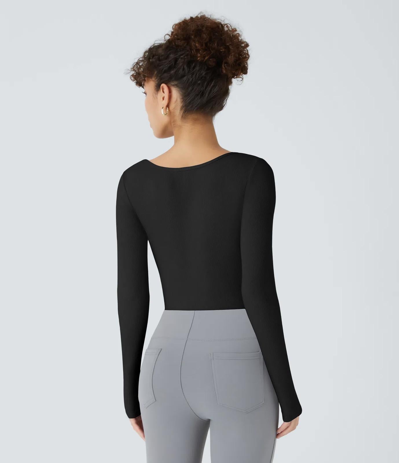 NWT Halara Ribbed Knit Square Neck Long Sleeve Skinny Casual Bodysuit Black L