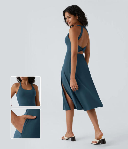 NWT Halara Cut Out Pocket Midi Casual Dress Majolica Blue S