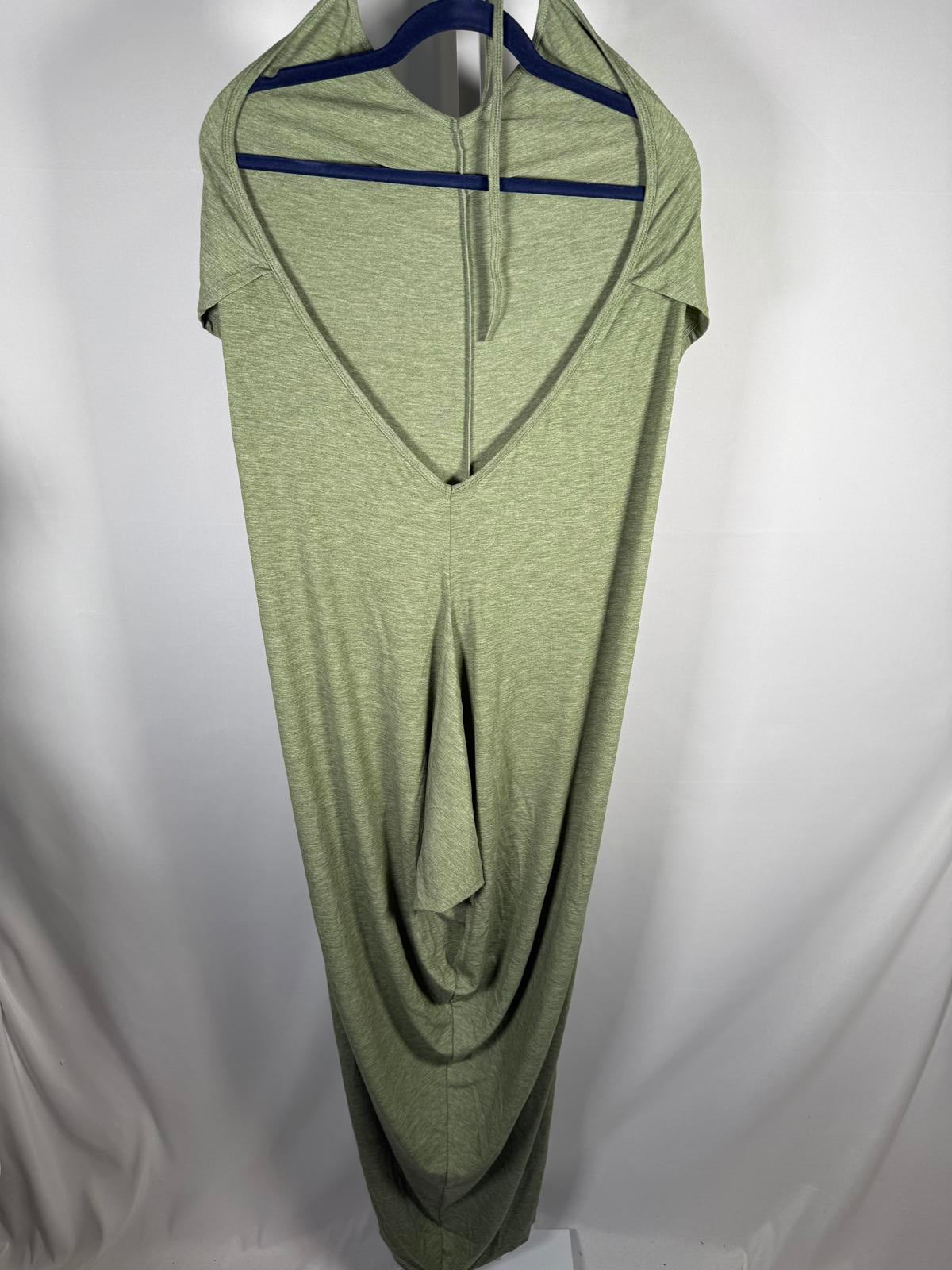 NWT Halara V Neck Tie Back Ruched Maxi Slip Dress Light Green Floral Yarn L