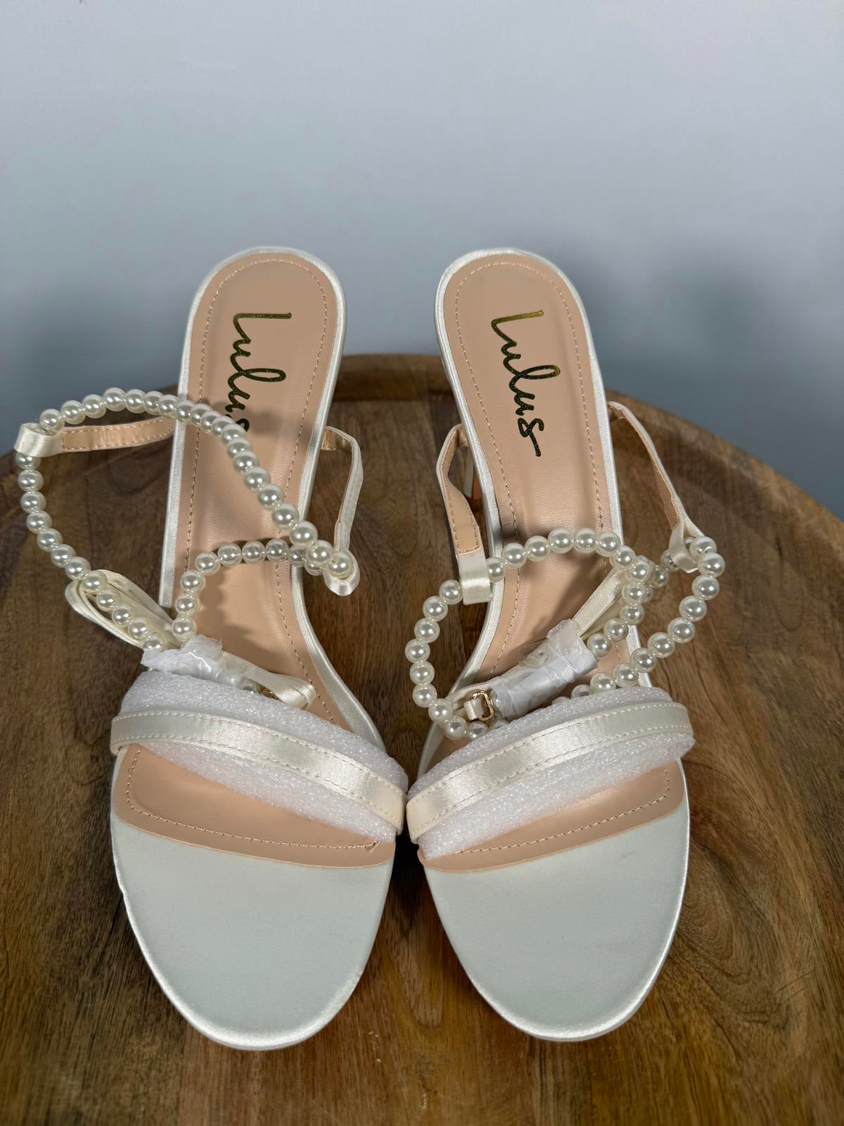 Lulus Leaah White Satin Pearl Lace-Up High Heel Sandals - 11 NWB