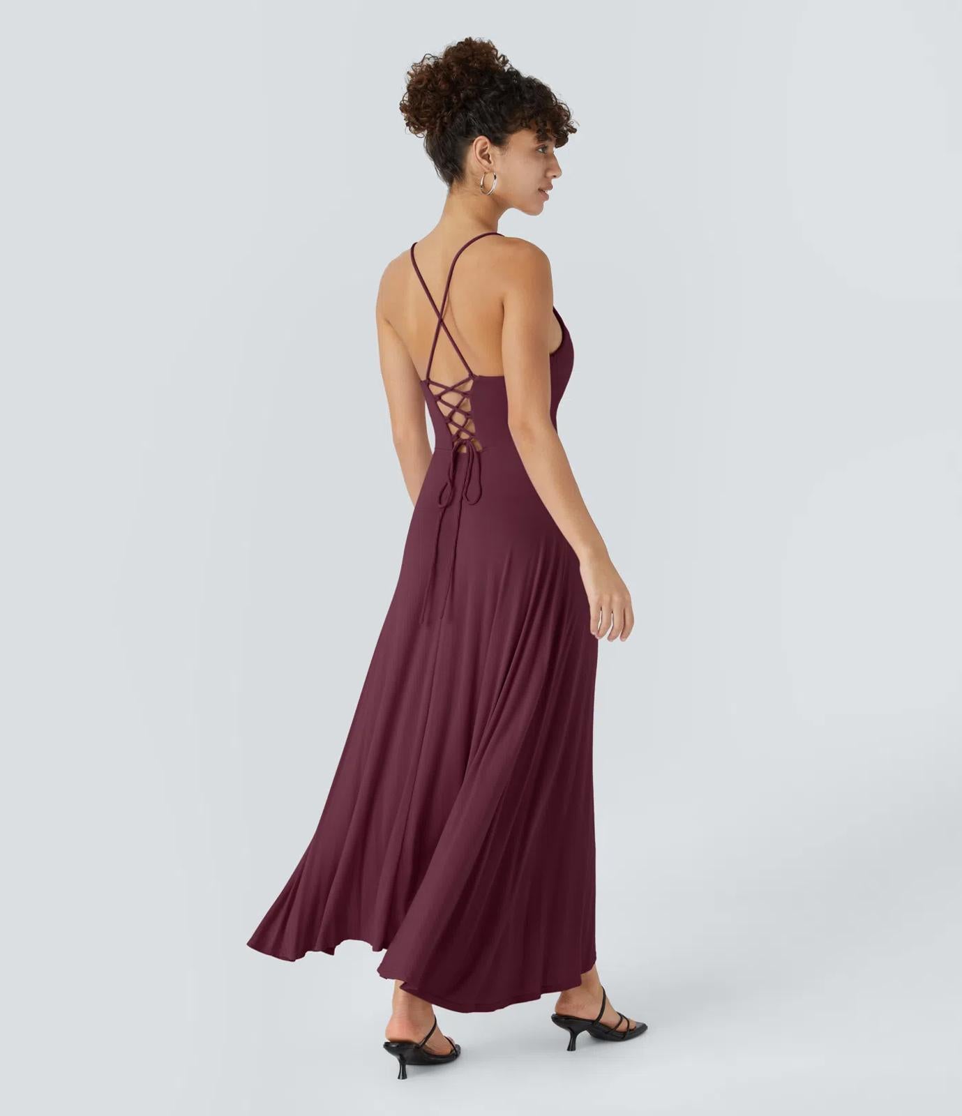 NWT Halara Ribbed Cowl Neck Lace Up Midi Dress Maroon Banner Size Small