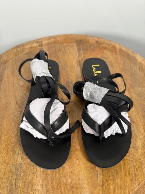 Lulus Maire Black Lace-Up Flat Thong Sandals - 5 NWB
