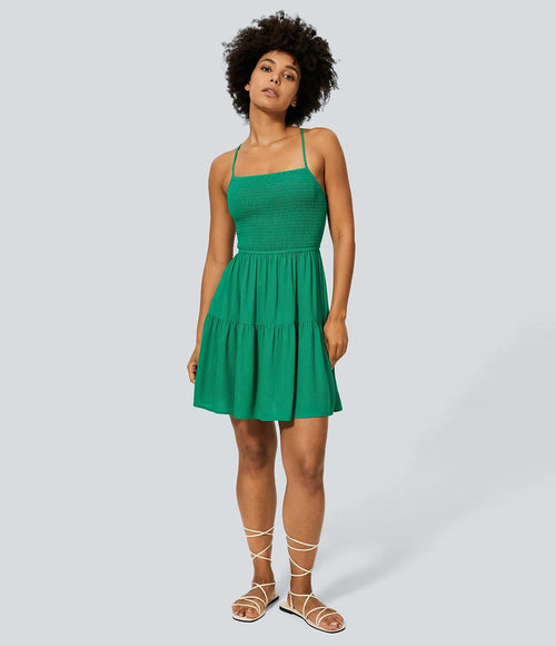 NWT Halara Shirred Flowy Mini Linen-Feel Casual Dress Parakeet Small