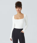 NWT Halara Ribbed Knit Square Neck Long Sleeve Skinny Casual Bodysuit White - M