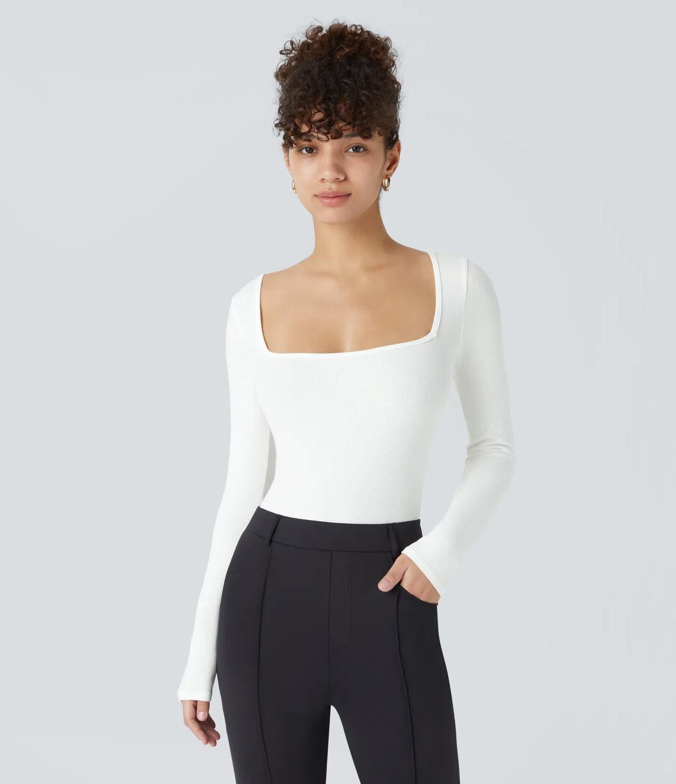 NWT Halara Ribbed Knit Square Neck Long Sleeve Skinny Casual Bodysuit White - M