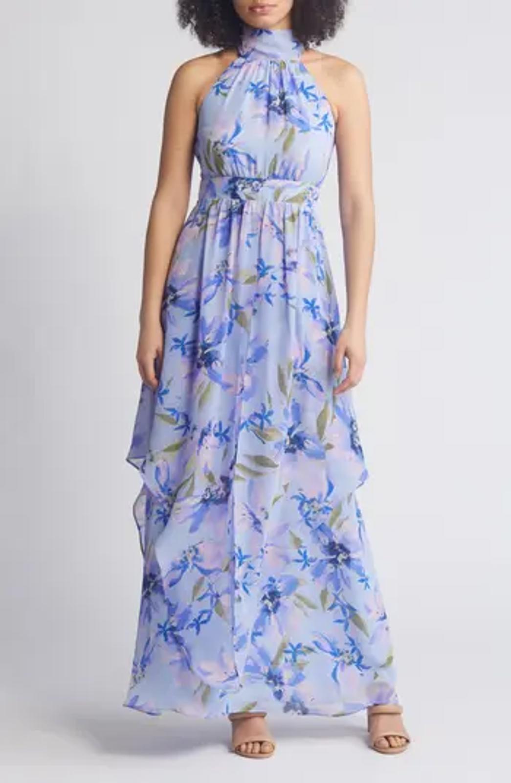 NWT Eliza J Light Blue and Purple Floral Halter Maxi Dress Size 8