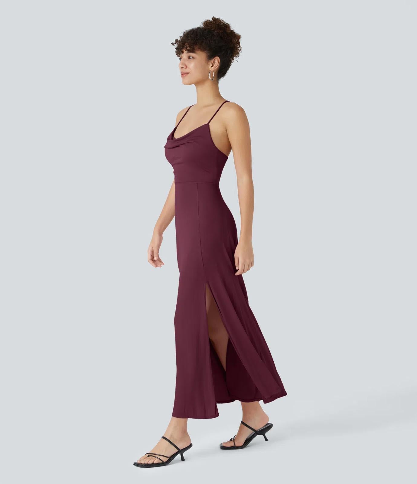 NWT Halara Ribbed Cowl Neck Lace Up Midi Dress Maroon Banner, Size - Small