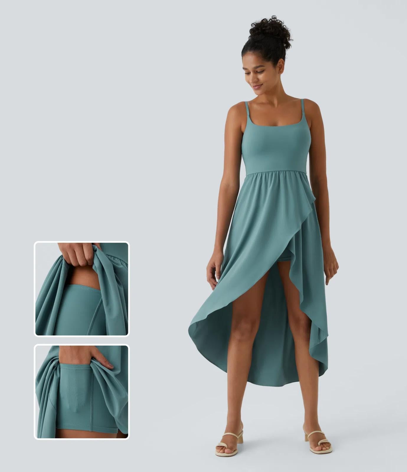 NWT Halara Breezeful High Low 2-Piece Pocket Flowy Casual Dress Stone Blue XS