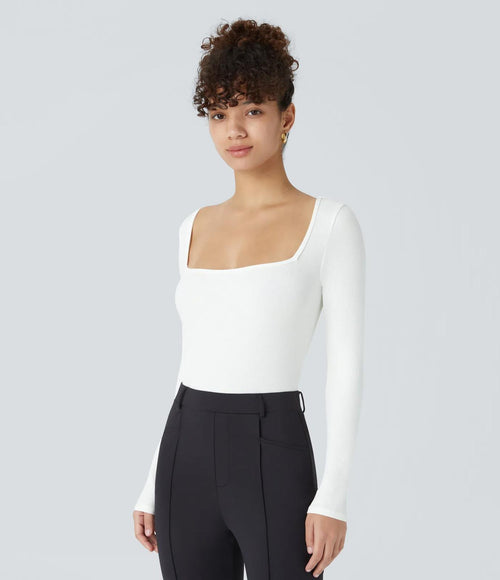 NWT Halara Ribbed Knit Square Neck Long Sleeve Skinny Casual Bodysuit White - M