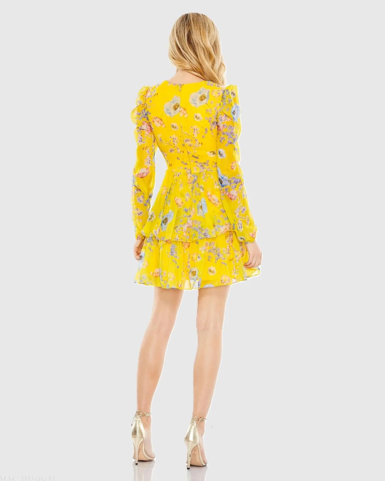NWT Mac Duggal Yellow Floral Print Puff Sleeve Ruffled Mini Dress Size 2
